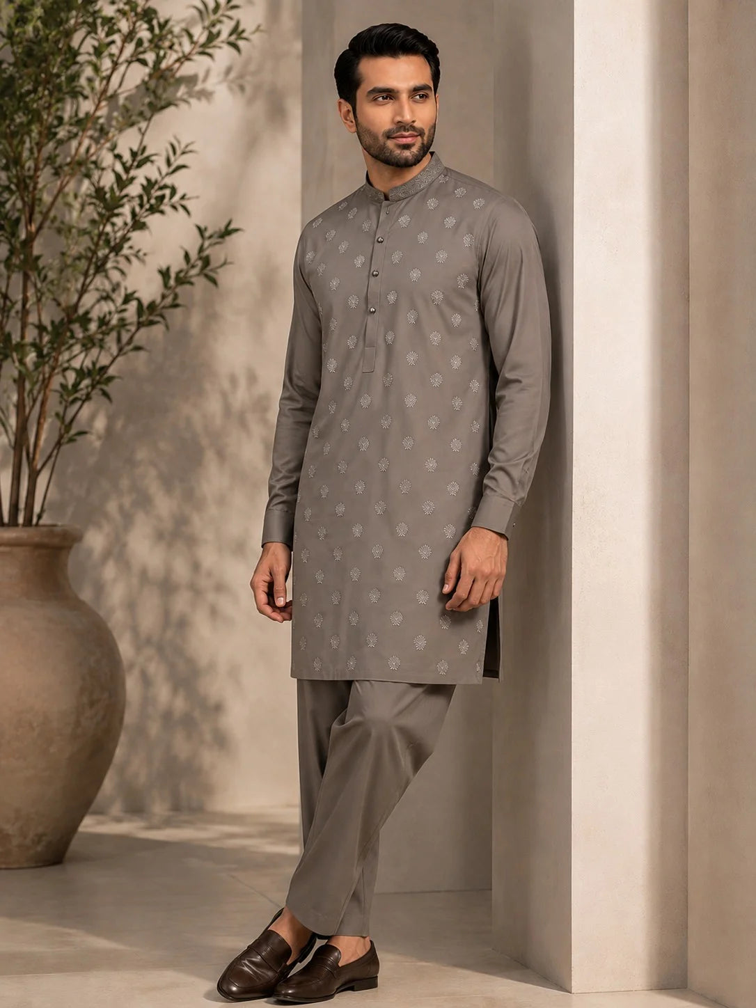 Men’s Taupe Grey Embroidered Floral Spray Wash & Wear