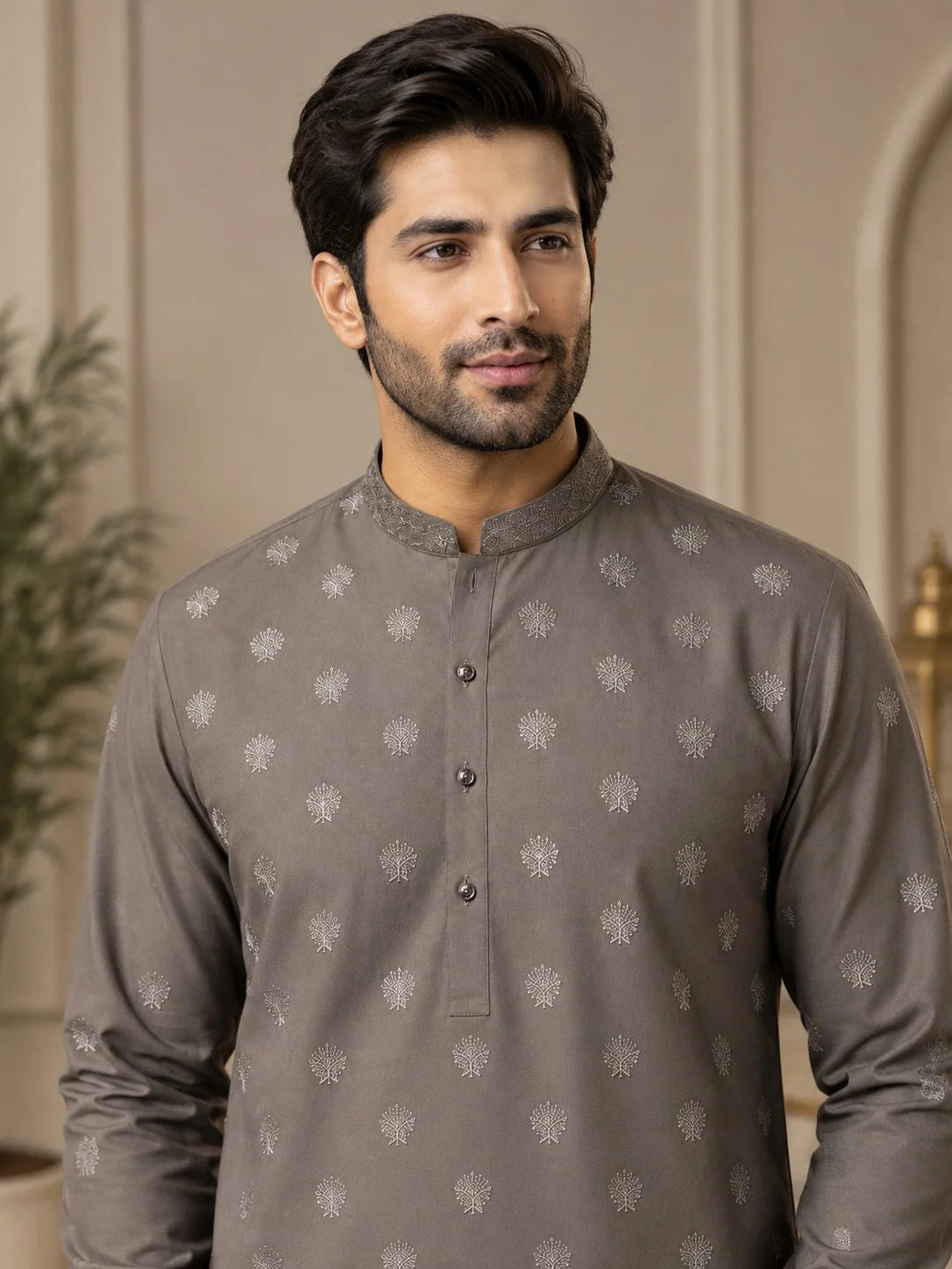 Men’s Taupe Grey Embroidered Floral Spray Wash & Wear